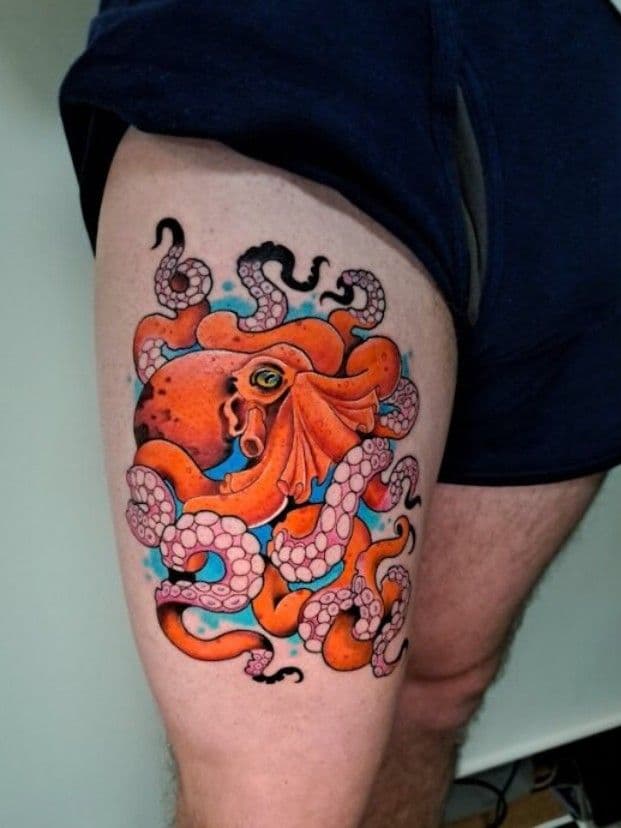 A colorful octopus tattoo on a thigh, shown in Horiken’s official artist listing.